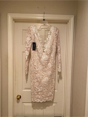 tadashi shoji lace pintuck long sleeve cocktail dress Nyssa Bishop Sleeve Dress-BLACK/NUDE-6